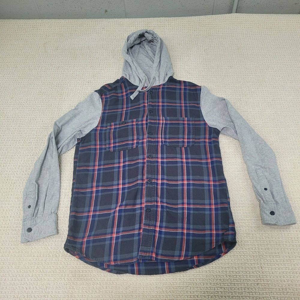 Cotton On Flannel Mens Medium Navy Red Plaid Shirt Hoodie Outdoorsman Lumberjack